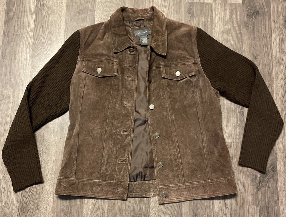 RELATIVITY Brown Suede Button Up Jacket with Knit Sleeves Sz M